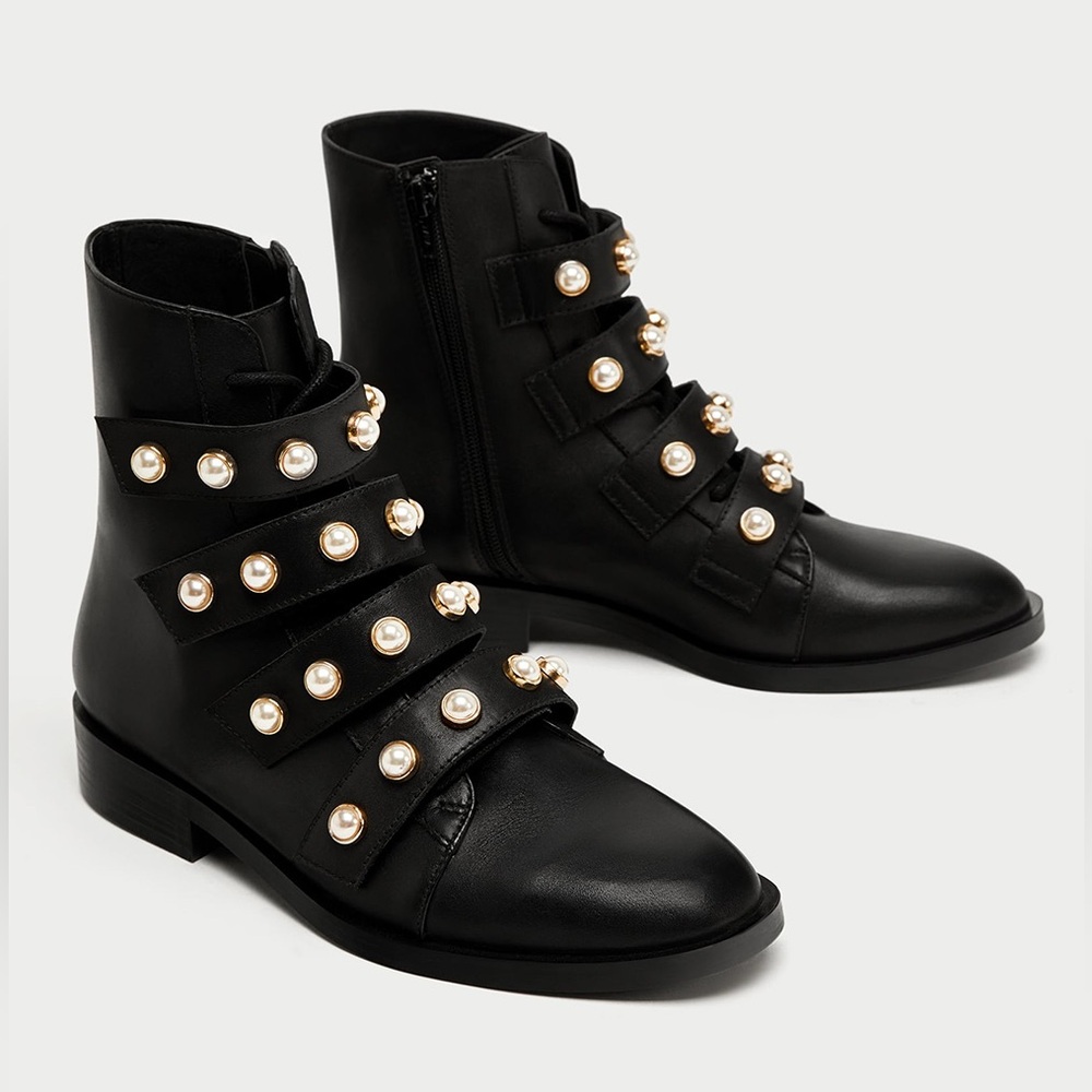 Zara Pearl Embellished Biker Boots - Picture 2 of 10